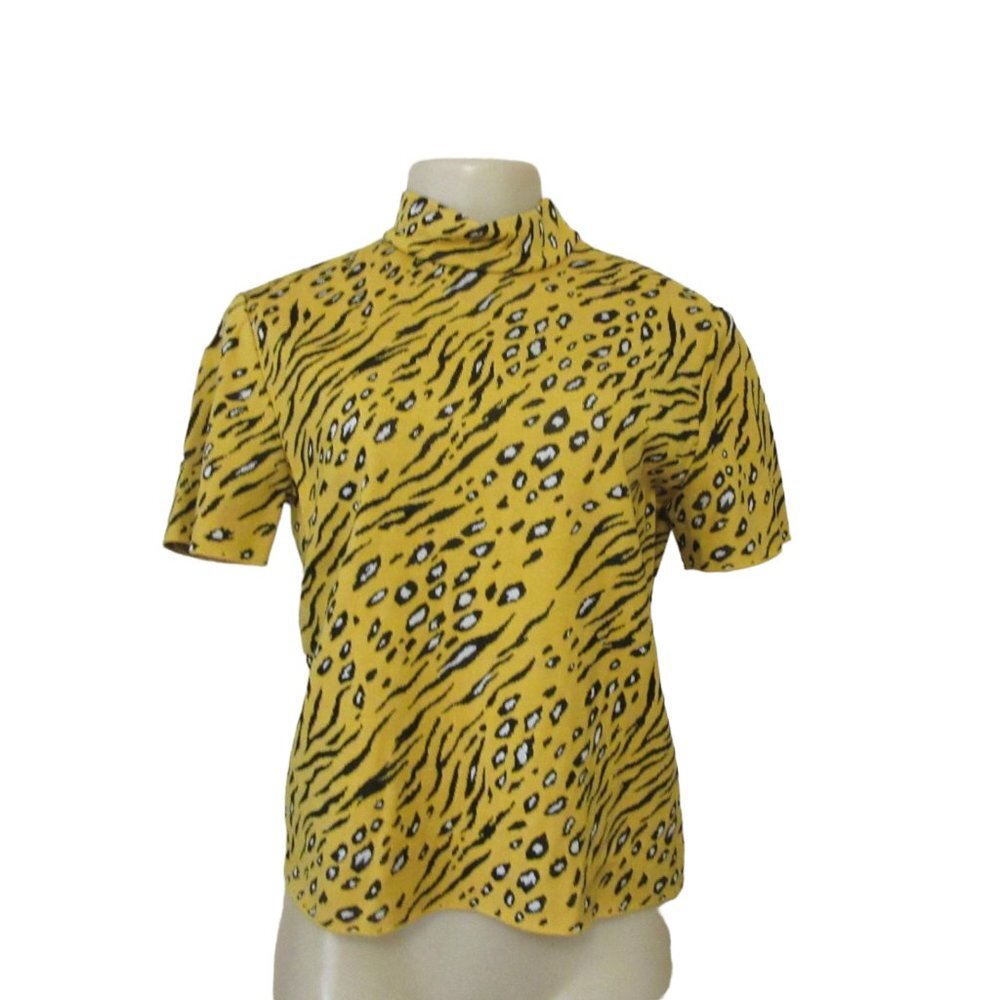St John Yellow Black Leopard Print High Collar Blouse w Side Zipper in Sz Petite